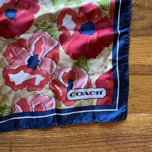 Coach Vintage Y2K Square Scarf w Tan Monogram & Floral Pattern - 100% Silk